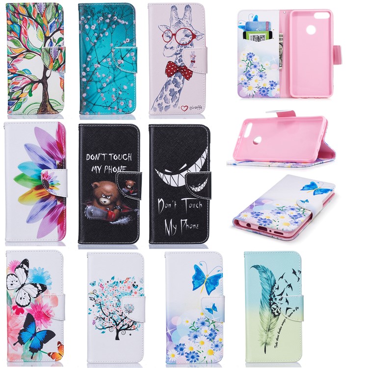 Pattern Printing Leather Wallet Cover for Huawei Y9 (2018) / Enjoy 8 Plus - Feather Pattern-9