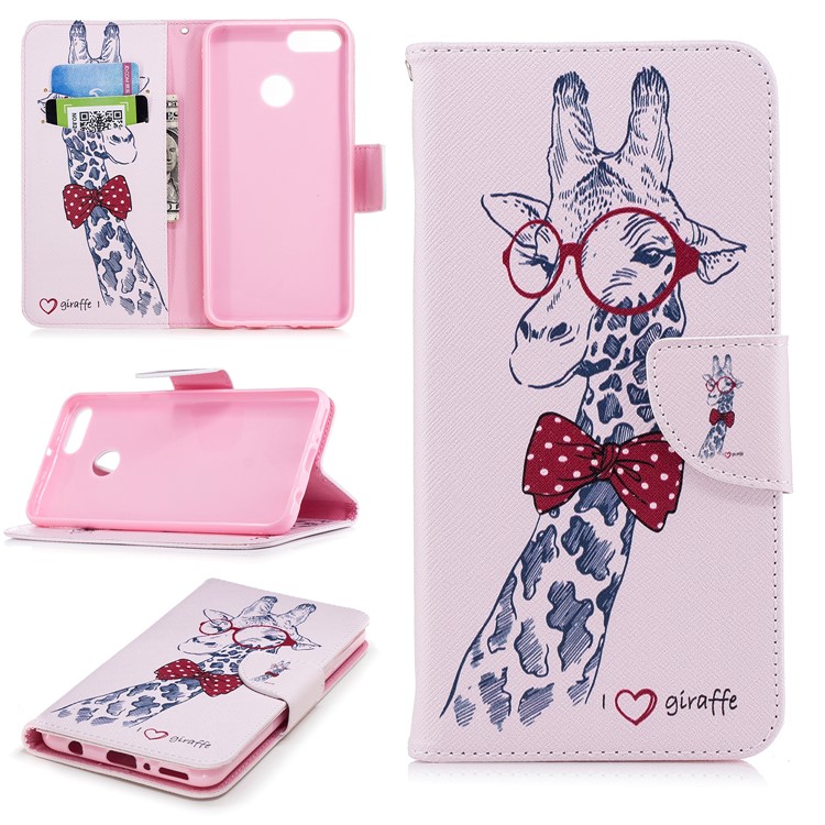 Pattern Printing Leather Card Holder Case for Huawei Y9 (2018) / Enjoy 8 Plus - Adorable Giraffe Wearing Glasses-1