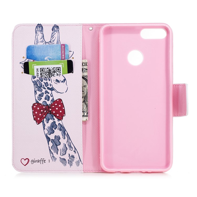 Pattern Printing Leather Card Holder Case for Huawei Y9 (2018) / Enjoy 8 Plus - Adorable Giraffe Wearing Glasses-8