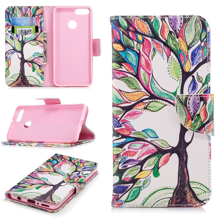 Pattern Printing PU Leather Wallet Flip Case for Huawei Y9 (2018) / Enjoy 8 Plus - Colorized Tree-1