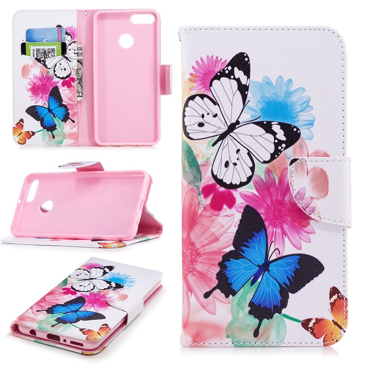 Pattern Printing Leather Stand Wallet Cover Shell for Huawei Y9 (2018) / Enjoy 8 Plus - Vivid Butterflies-1