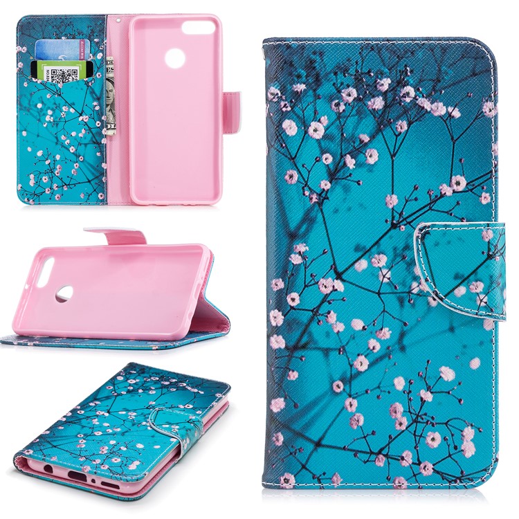 Patterned Leather Wallet Stand Case with Card Holders for Huawei Y9 (2018) / Enjoy 8 Plus - Tree with Flowers-1
