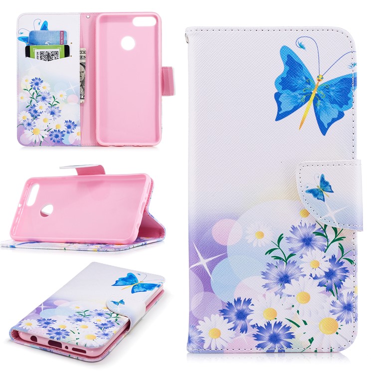 Pattern Printing Leather Wallet Folio Case for Huawei Y9 (2018) / Enjoy 8 Plus - Blue Butterfly and Flowers-1