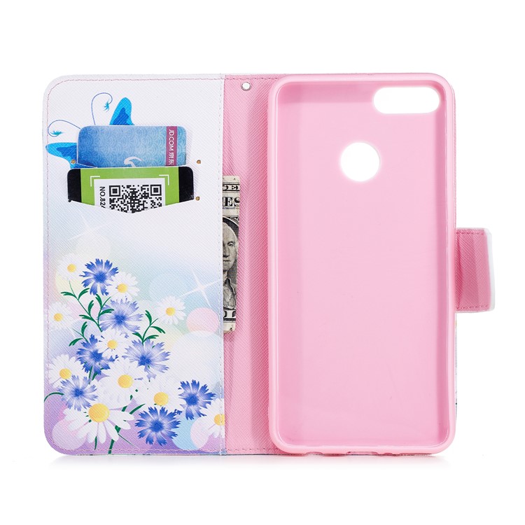 Pattern Printing Leather Wallet Folio Case for Huawei Y9 (2018) / Enjoy 8 Plus - Blue Butterfly and Flowers-8