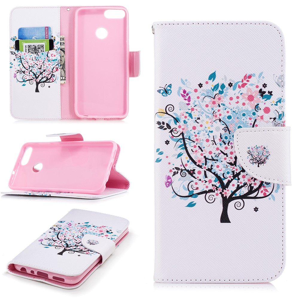 Pattern Printing PU Leather Wallet Stand Cover for Huawei P Smart/Enjoy 7S - Floret Tree-1