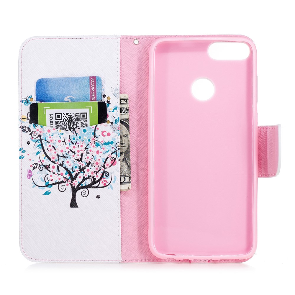 Pattern Printing PU Leather Wallet Stand Cover for Huawei P Smart/Enjoy 7S - Floret Tree-8