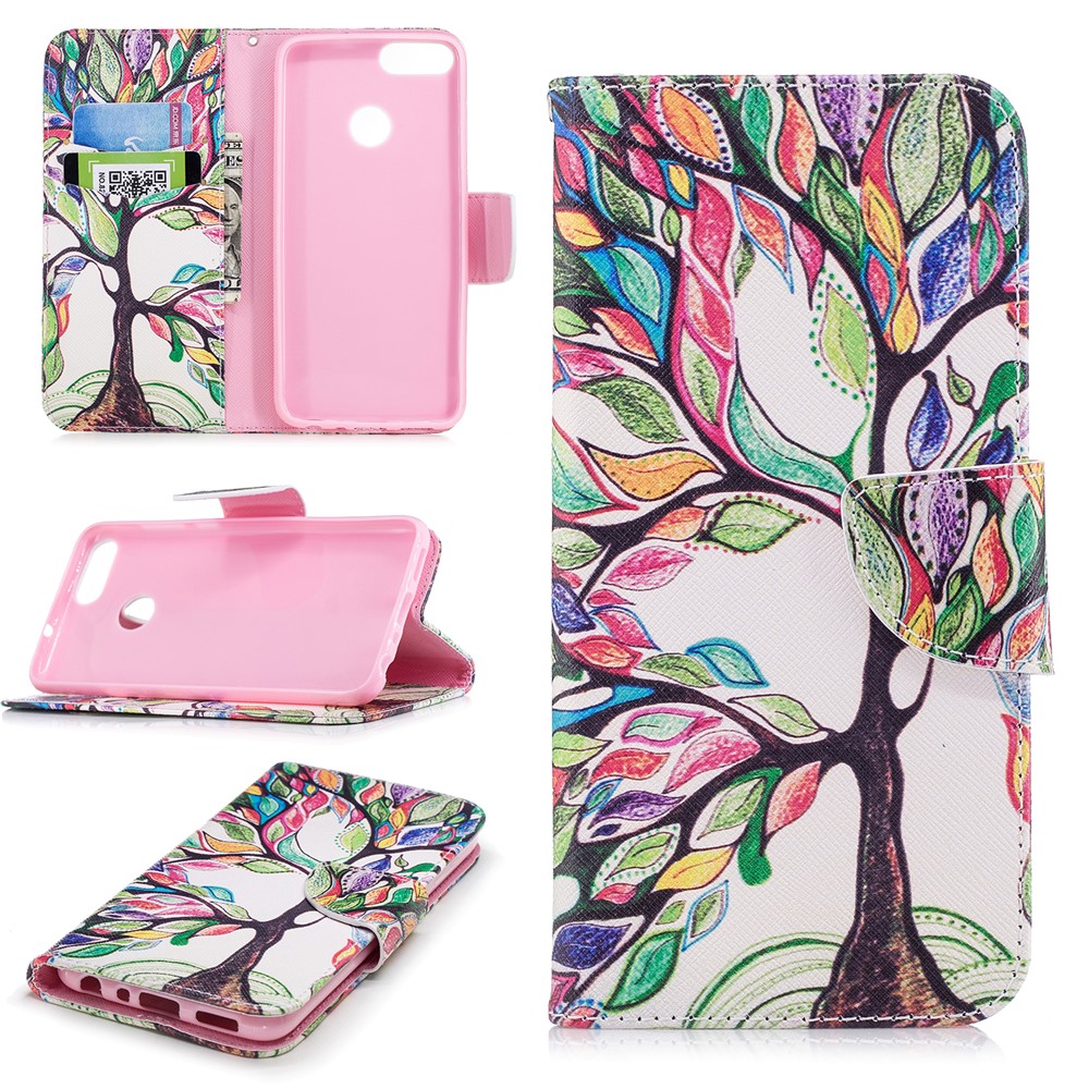 Pattern Printing PU Leather Wallet Stand Case for Huawei P Smart/Enjoy 7S - Colorized Tree-1