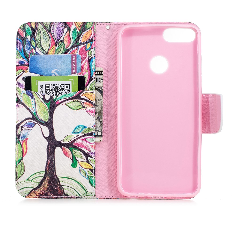 Pattern Printing PU Leather Wallet Stand Case for Huawei P Smart/Enjoy 7S - Colorized Tree-8