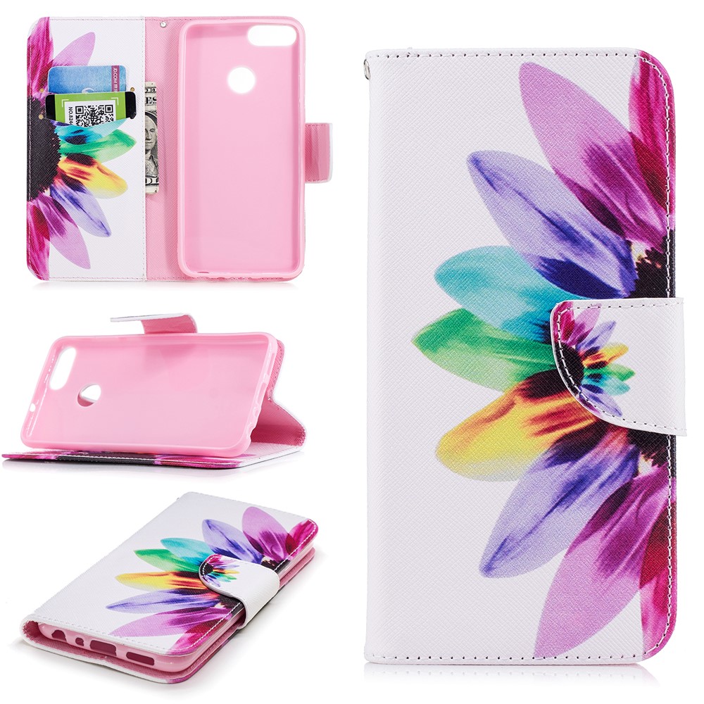 Pattern Printing PU Leather Wallet Stand Shell for Huawei P Smart/Enjoy 7S - Colorful Petals-1