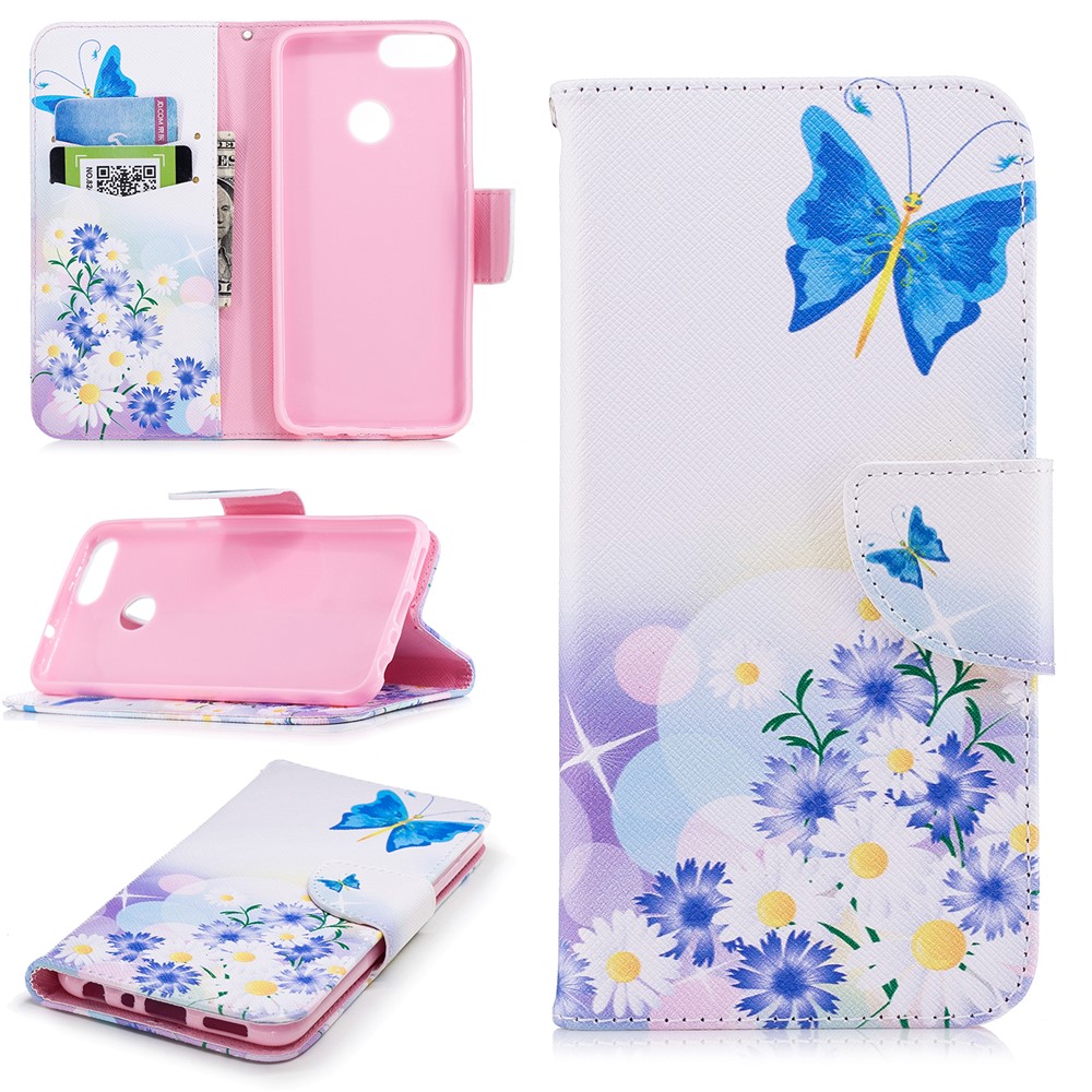 Padrão De Impressão PU Carteira De Couro Suporte Do Telefone Móvel Case Para Huawei P Inteligente / Desfrutar 7 S - Borboleta Azul E Flores-1