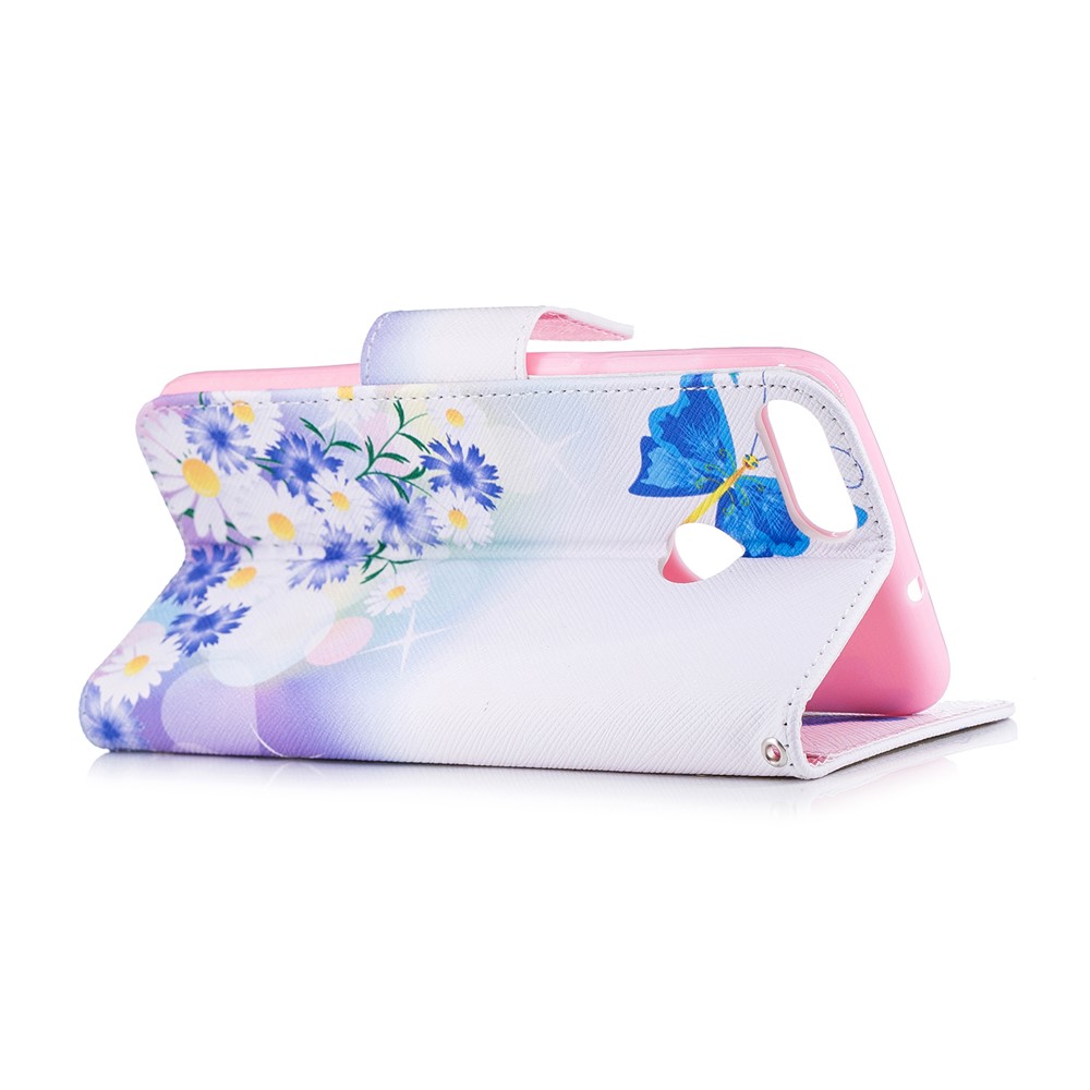 Padrão De Impressão PU Carteira De Couro Suporte Do Telefone Móvel Case Para Huawei P Inteligente / Desfrutar 7 S - Borboleta Azul E Flores-4