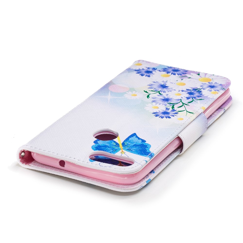 Padrão De Impressão PU Carteira De Couro Suporte Do Telefone Móvel Case Para Huawei P Inteligente / Desfrutar 7 S - Borboleta Azul E Flores-7