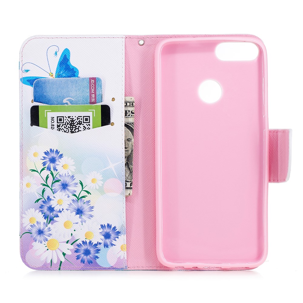 Padrão De Impressão PU Carteira De Couro Suporte Do Telefone Móvel Case Para Huawei P Inteligente / Desfrutar 7 S - Borboleta Azul E Flores-8