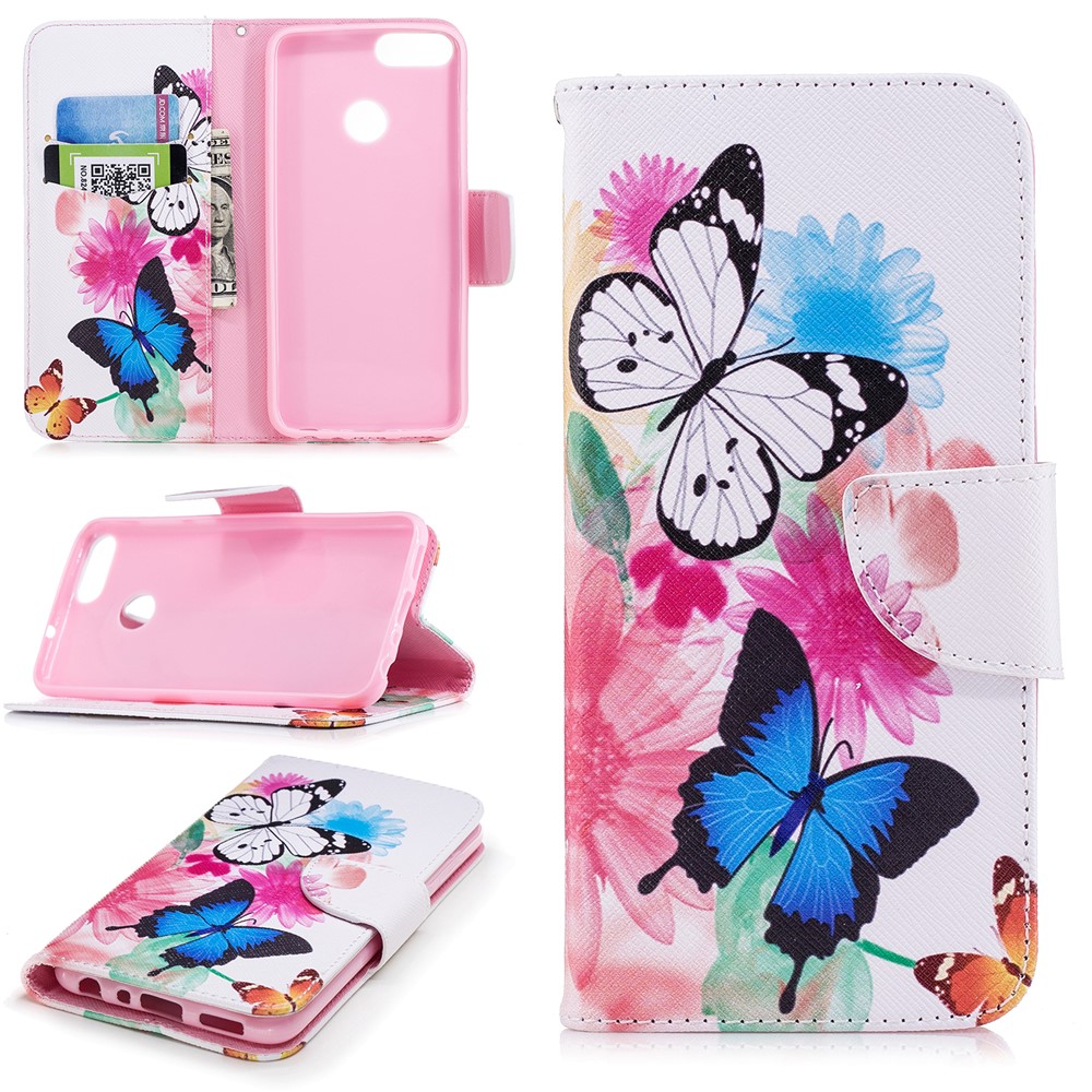 Pattern Printing PU Leather Wallet Stand Cell Phone Case for Huawei P Smart/Enjoy 7S - Butterflies and Flowers-1