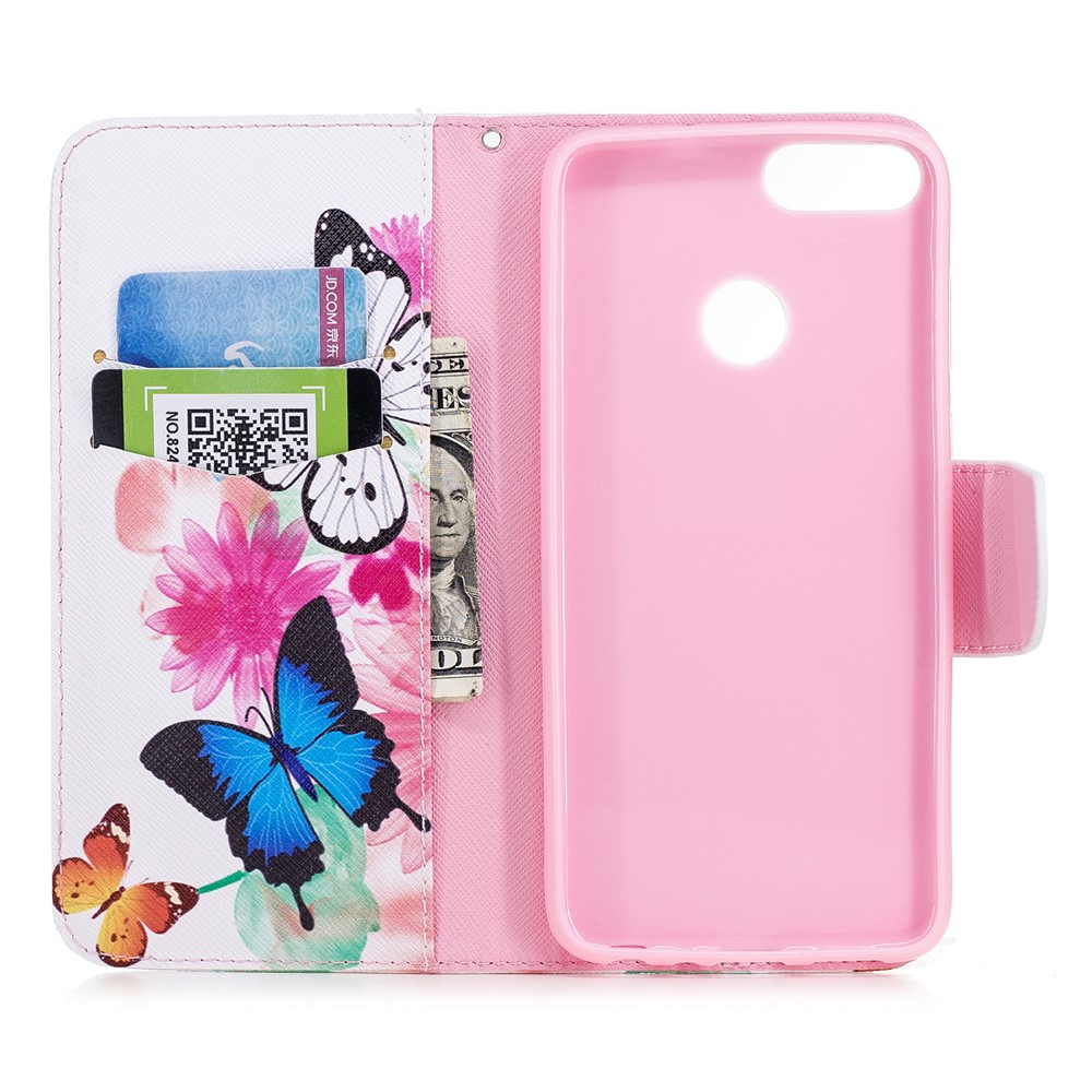 Pattern Printing PU Leather Wallet Stand Cell Phone Case for Huawei P Smart/Enjoy 7S - Butterflies and Flowers-8