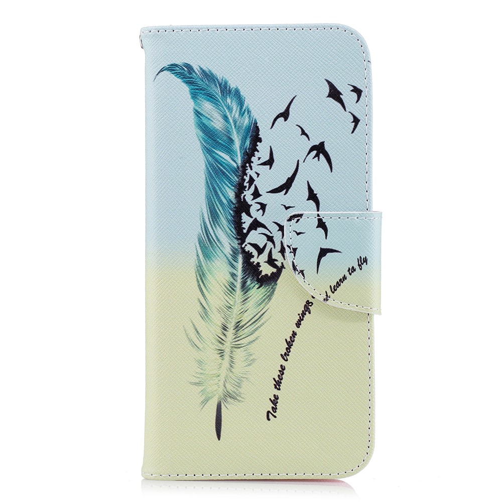 Pattern Printing Pu-ledermappe Stehen Handy Shell Für Huawei P Smart / Genießen 7s - Federkiel Und Vögel-1