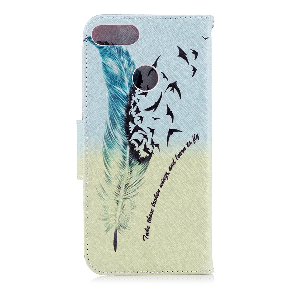 Pattern Printing Pu-ledermappe Stehen Handy Shell Für Huawei P Smart / Genießen 7s - Federkiel Und Vögel-2
