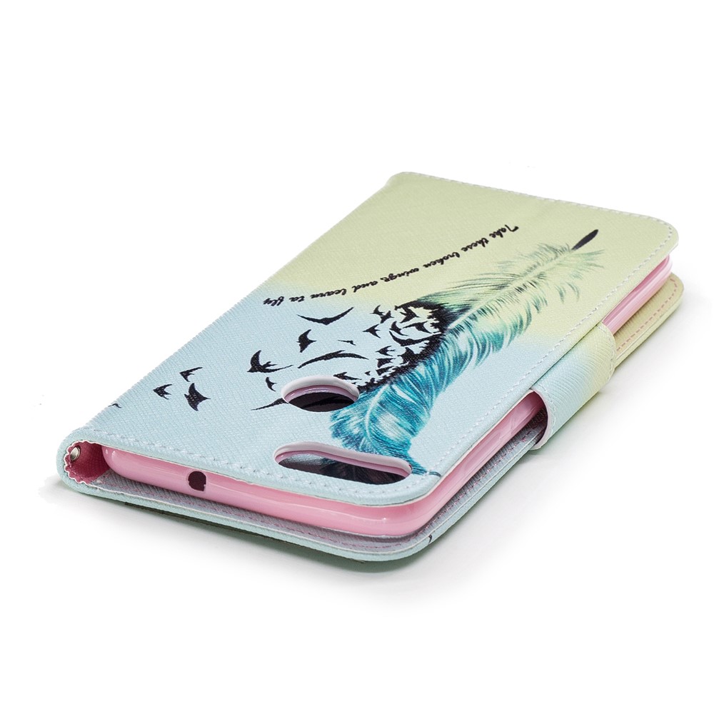 Pattern Printing Pu-ledermappe Stehen Handy Shell Für Huawei P Smart / Genießen 7s - Federkiel Und Vögel-6
