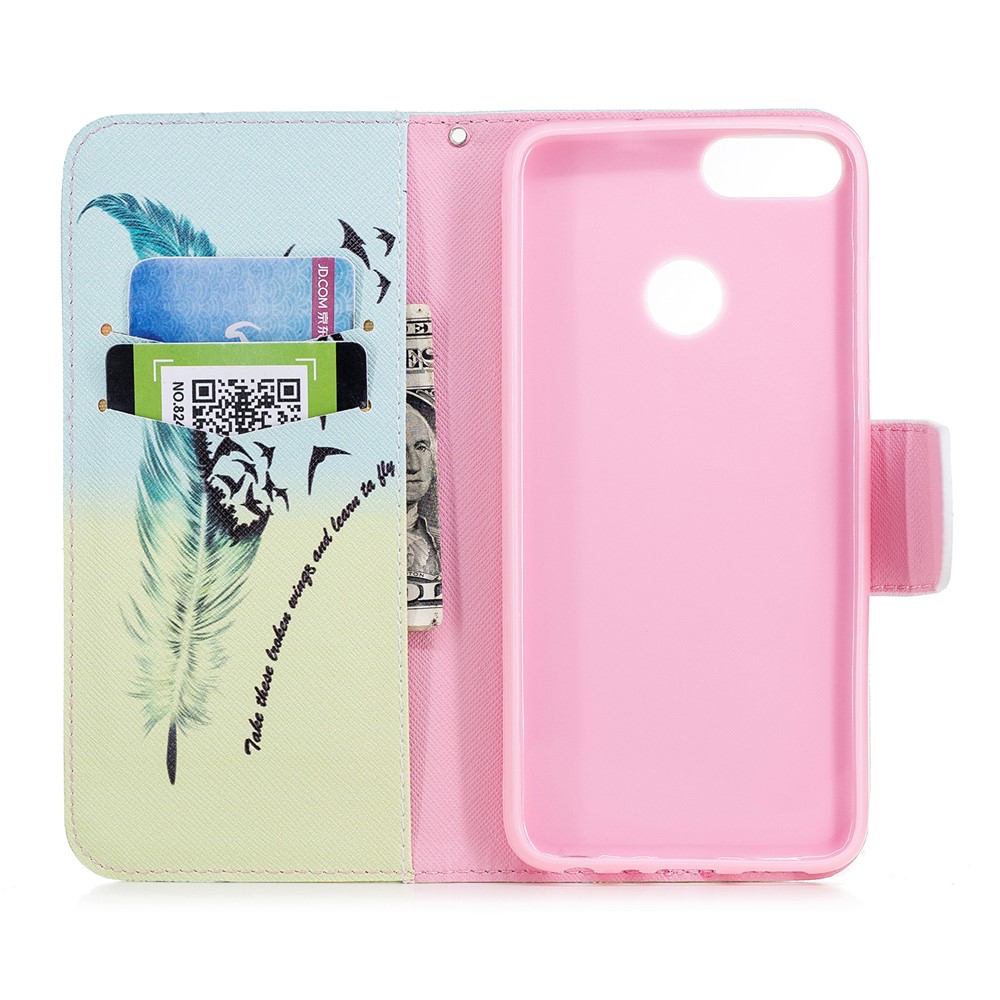 Pattern Printing Pu-ledermappe Stehen Handy Shell Für Huawei P Smart / Genießen 7s - Federkiel Und Vögel-7