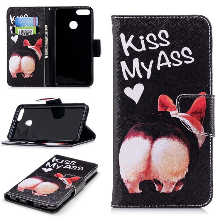 Pattern Printing Leather Wallet Case for Huawei Y9 (2018) / Enjoy 8 Plus - Kiss My Ass-1