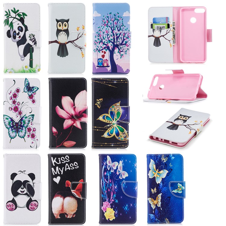Pattern Printing PU Leather Magnetic Wallet Stand Case for Huawei P Smart/Enjoy 7S - Cute Panda-9
