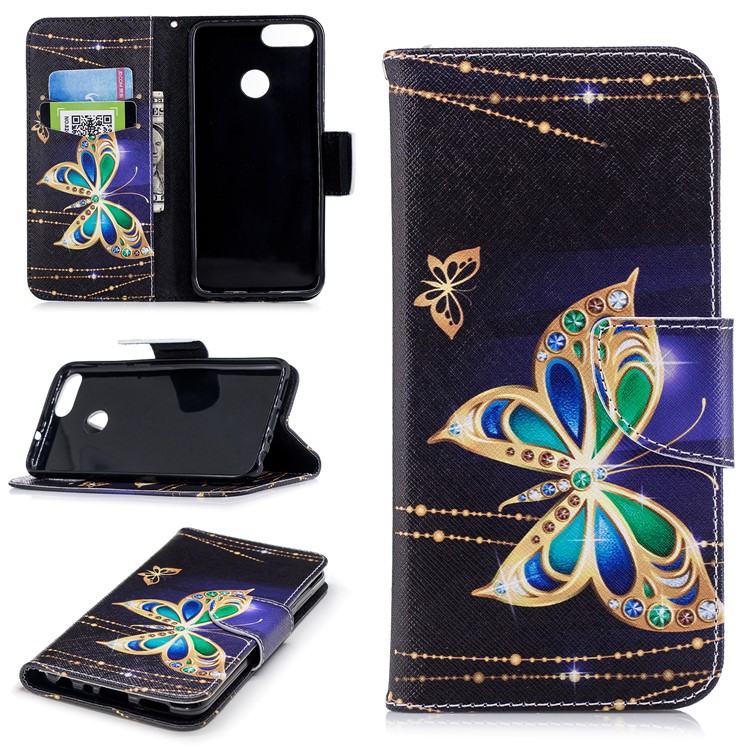 Pattern Printing PU Leather Magnetic Wallet Stand Cover for Huawei P Smart/Enjoy 7S - Rhinestone Decor Butterfly-1