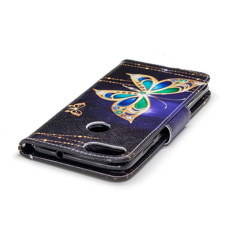 Pattern Printing PU Leather Magnetic Wallet Stand Cover for Huawei P Smart/Enjoy 7S - Rhinestone Decor Butterfly-7