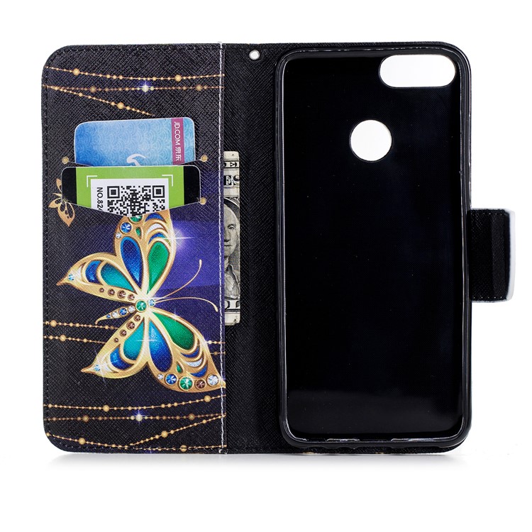 Pattern Printing PU Leather Magnetic Wallet Stand Cover for Huawei P Smart/Enjoy 7S - Rhinestone Decor Butterfly-8