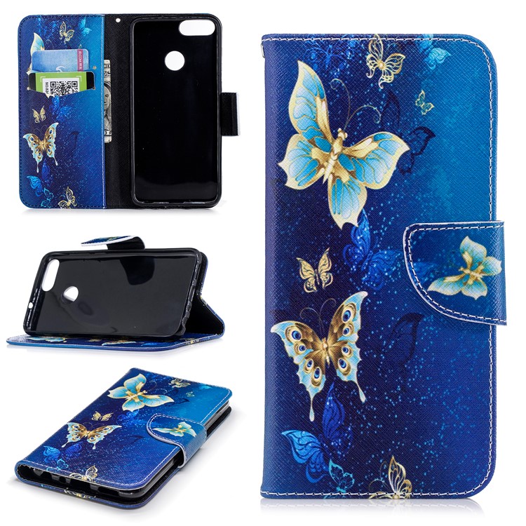 Шаблон Печати PU Кожа Магнитный Подставка Для Кошелька Для Huawei P Smart / Enjoy 7S - Золотая И Синяя Бабочка-1