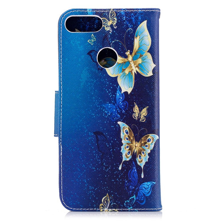 Шаблон Печати PU Кожа Магнитный Подставка Для Кошелька Для Huawei P Smart / Enjoy 7S - Золотая И Синяя Бабочка-3