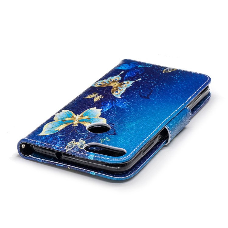 Шаблон Печати PU Кожа Магнитный Подставка Для Кошелька Для Huawei P Smart / Enjoy 7S - Золотая И Синяя Бабочка-7