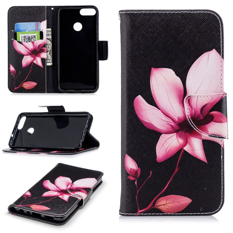 Pattern Printing PU Leather Magnetic Wallet Stand Mobile Phone Case for Huawei P Smart/Enjoy 7S - Pink Flower-1