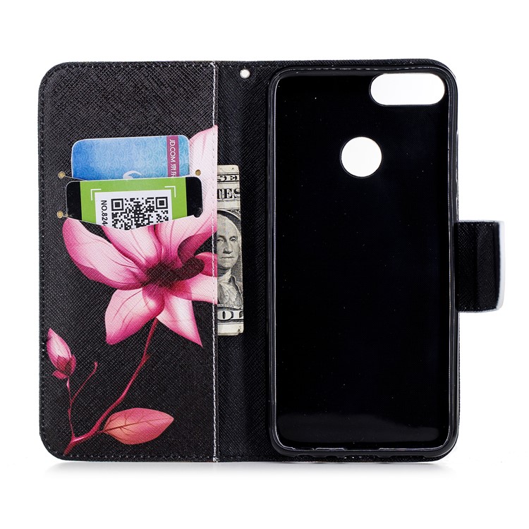 Pattern Printing PU Leather Magnetic Wallet Stand Mobile Phone Case for Huawei P Smart/Enjoy 7S - Pink Flower-8
