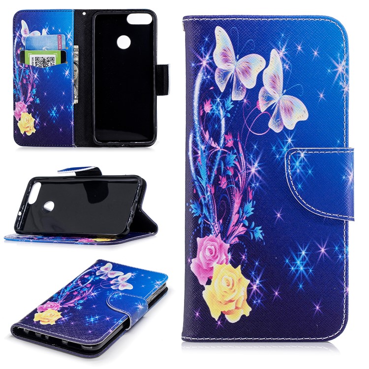 Padrão De Impressão PU Carteira De Couro Magnética Stand Cell Phone Case Para Huawei P Inteligente / Desfrutar 7 S - Borboleta E Flor De Cristal-1