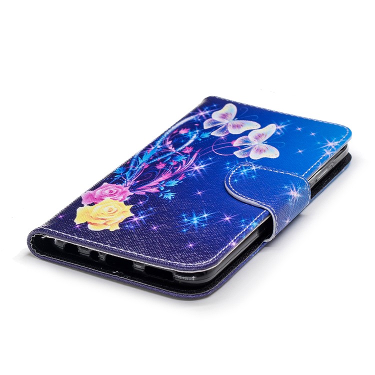 Padrão De Impressão PU Carteira De Couro Magnética Stand Cell Phone Case Para Huawei P Inteligente / Desfrutar 7 S - Borboleta E Flor De Cristal-6