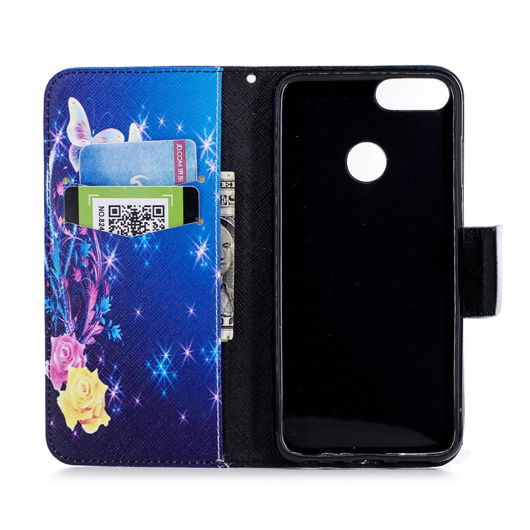 Padrão De Impressão PU Carteira De Couro Magnética Stand Cell Phone Case Para Huawei P Inteligente / Desfrutar 7 S - Borboleta E Flor De Cristal-8