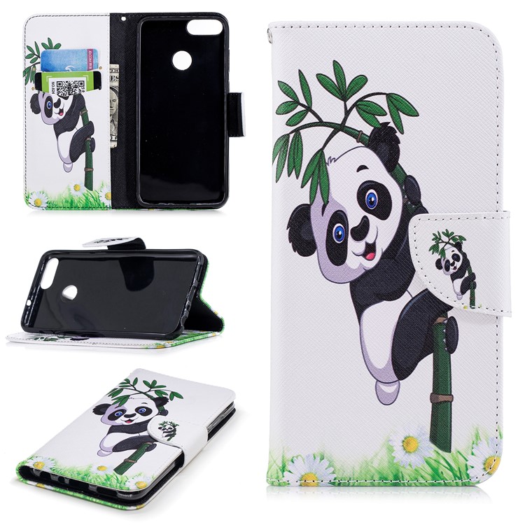 Pattern Printing PU Leather Magnetic Wallet Stand Mobile Phone Shell for Huawei P Smart/Enjoy 7S - Panda on Bamboo-1