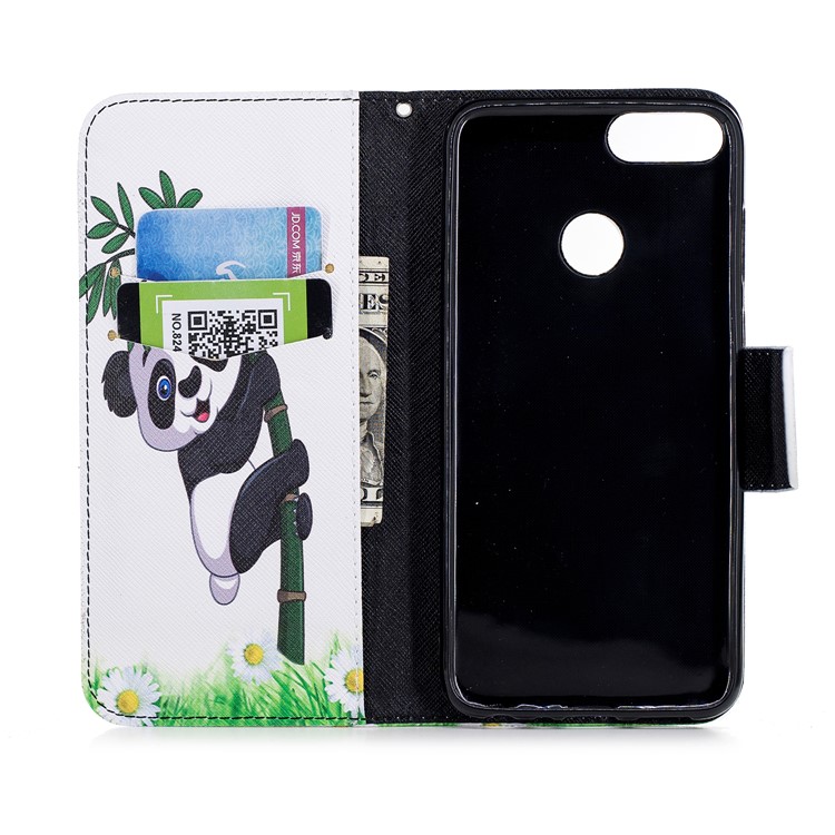 Pattern Printing PU Leather Magnetic Wallet Stand Mobile Phone Shell for Huawei P Smart/Enjoy 7S - Panda on Bamboo-8