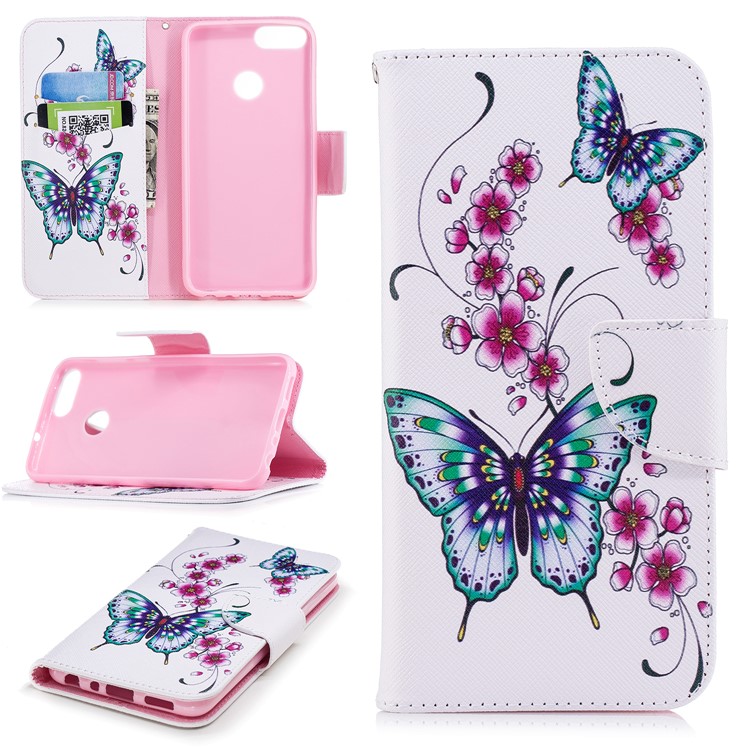 Pattern Printing PU Leather Magnetic Wallet Stand Cell Phone Shell for Huawei P Smart/Enjoy 7S - Butterfly and Flower-1