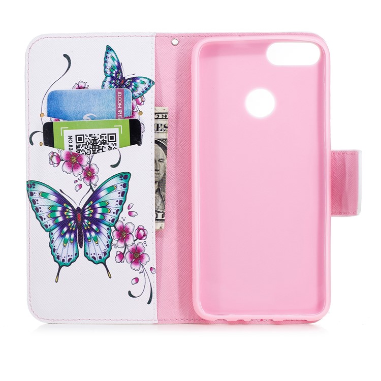 Pattern Printing PU Leather Magnetic Wallet Stand Cell Phone Shell for Huawei P Smart/Enjoy 7S - Butterfly and Flower-8