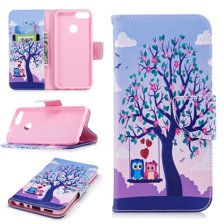 Pattern Printing PU Leather Magnetic Wallet Stand Protective Case for Huawei P Smart/Enjoy 7S - Owls on Swing-1