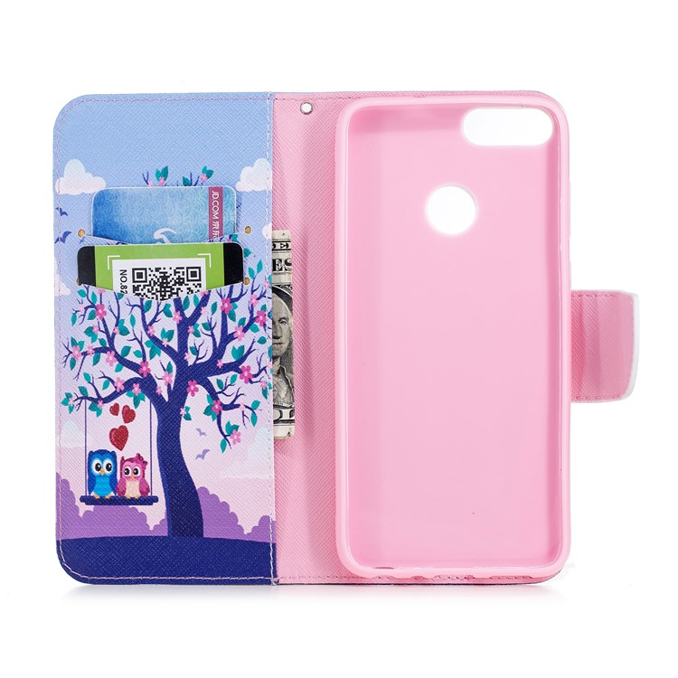 Pattern Printing PU Leather Magnetic Wallet Stand Protective Case for Huawei P Smart/Enjoy 7S - Owls on Swing-8
