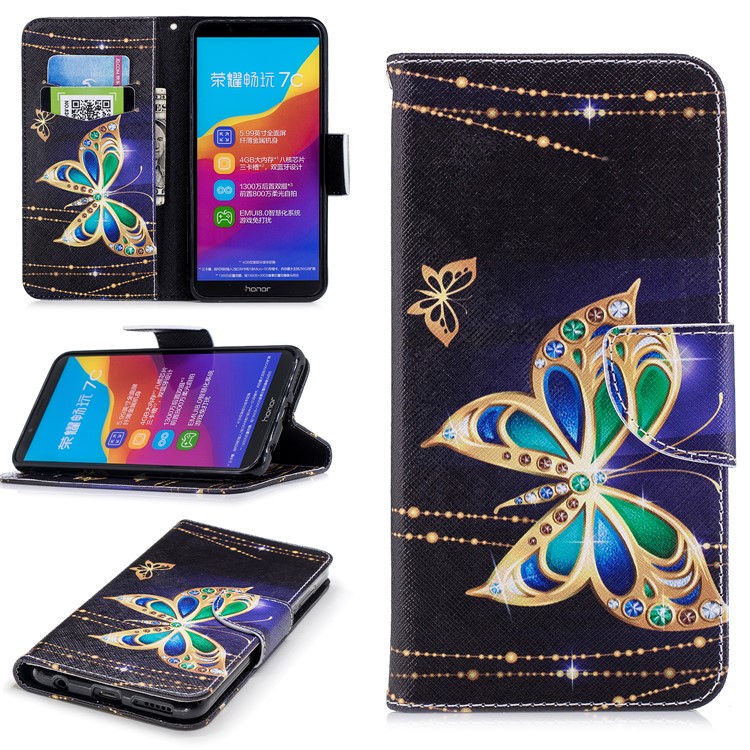Pattern Printing PU Leather Magnetic Wallet Stand Mobile Phone Shell for Huawei Honor 7C/Enjoy 8 - Rhinestone Decor Butterfly-1