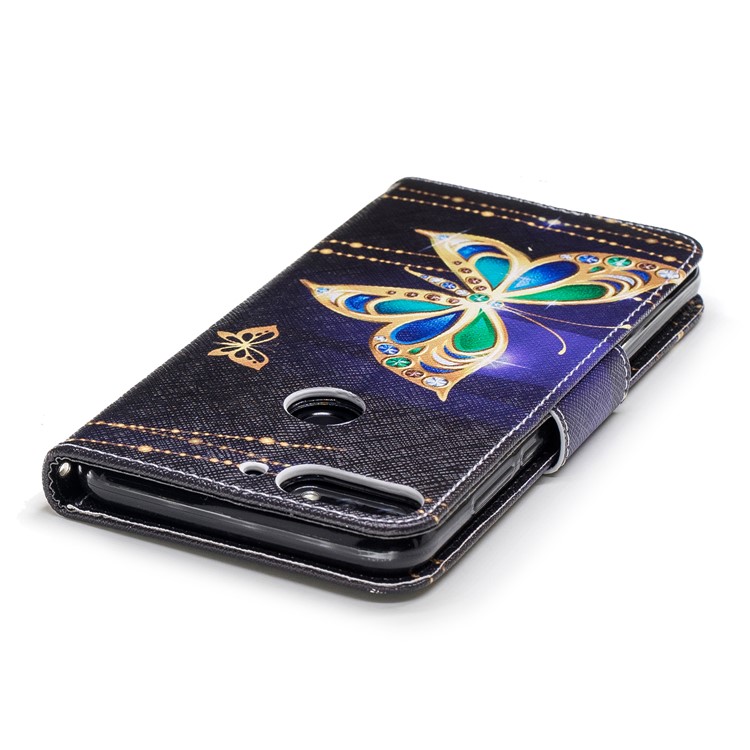 Pattern Printing PU Leather Magnetic Wallet Stand Mobile Phone Shell for Huawei Honor 7C/Enjoy 8 - Rhinestone Decor Butterfly-7