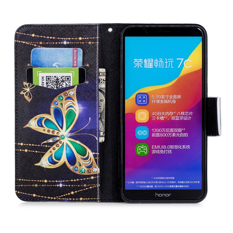 Pattern Printing PU Leather Magnetic Wallet Stand Mobile Phone Shell for Huawei Honor 7C/Enjoy 8 - Rhinestone Decor Butterfly-8