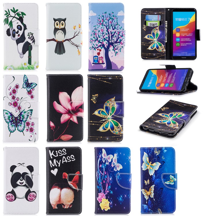 Pattern Printing PU Leather Magnetic Wallet Stand Mobile Phone Shell for Huawei Honor 7C/Enjoy 8 - Rhinestone Decor Butterfly-9