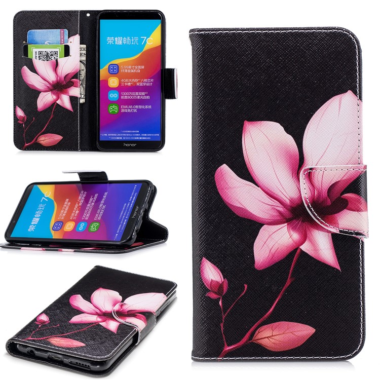 Pattern Printing Leather Stand Wallet Cellphone Case for Huawei Honor 7C/Enjoy 8/Y7 Prime (2018) - Flower Pattern-1