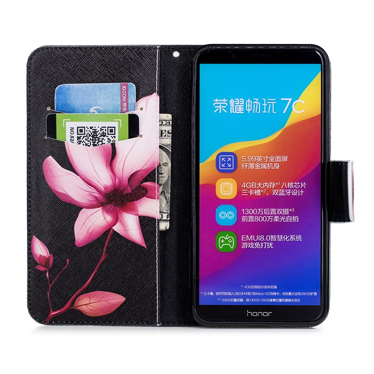 Pattern Printing Leather Stand Wallet Cellphone Case for Huawei Honor 7C/Enjoy 8/Y7 Prime (2018) - Flower Pattern-8