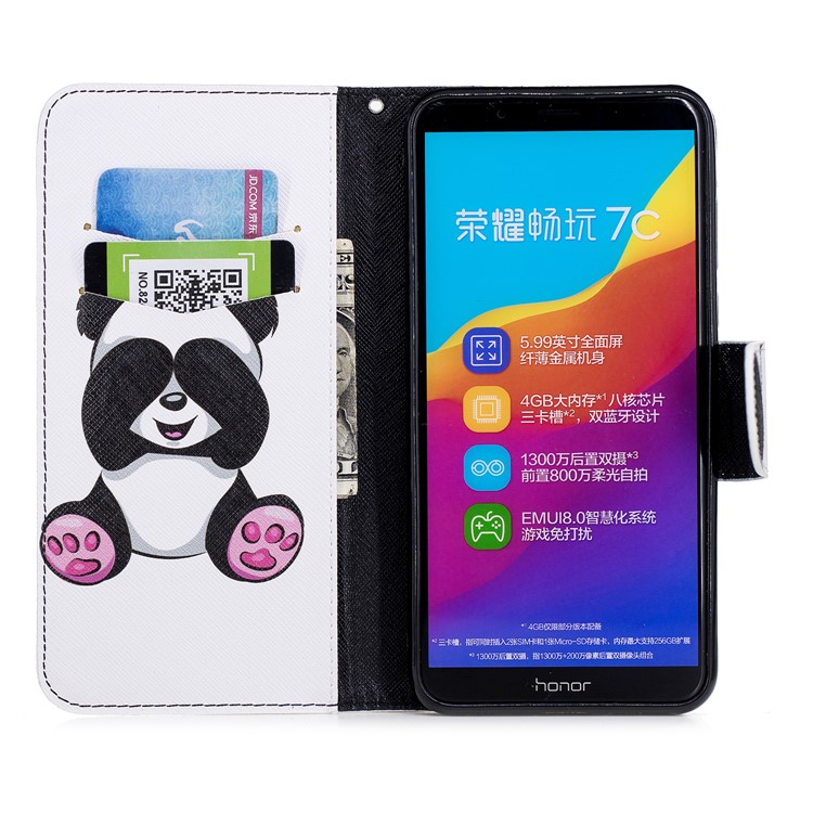 For Huawei Honor 7C/Enjoy 8/Y7 Prime (2018) Patterned Leather Wallet Stand Mobile Phone Casing - Adorable Panda-8