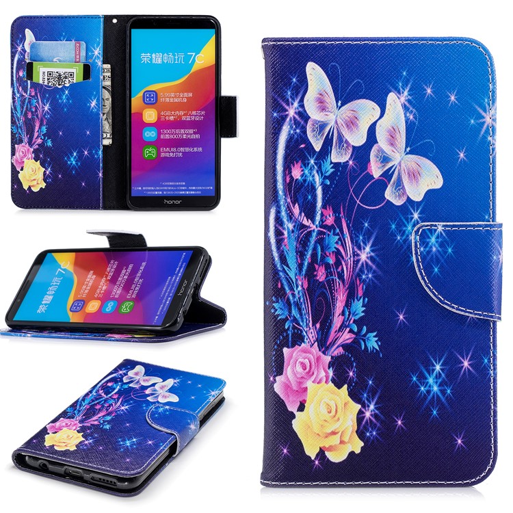 For Huawei Honor 7C/Enjoy 8/Y7 Prime (2018) Pattern Printing Leather Wallet Stand Mobile Case - Roses and Butterflies-1
